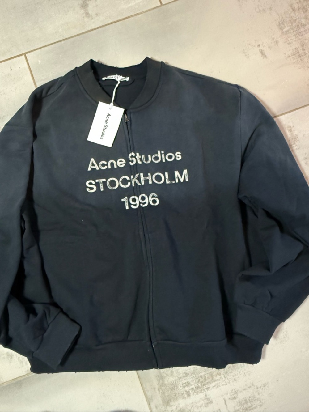 Acne navy zip-front sweatshirt with white logo